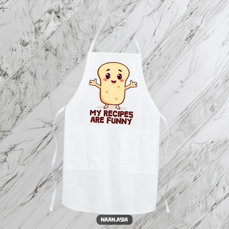 Funny Naan bread character apron, arms outstretched telling a joke, adding a humorous touch to kitchen activities.