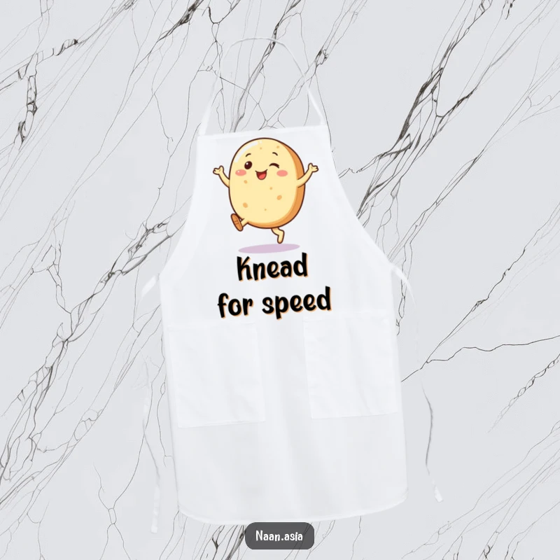 Funny Naan bread character apron, legs kicking joyfully while cooking, adding a cheerful and humorous element to the kitchen.