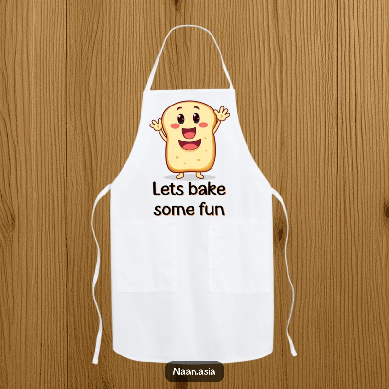 Funny Naan bread character apron, wide happy mouth, enthusiastically waving, adding a cheerful touch to cooking.