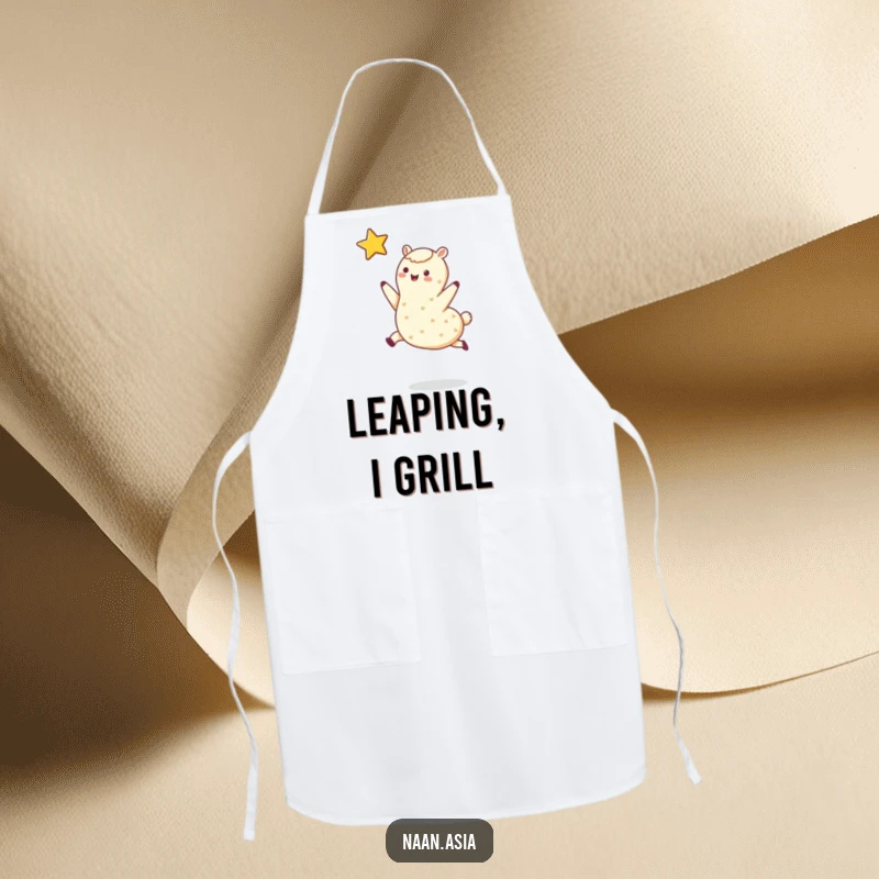 Funny apron with a smiling naan bread character leaping towards a star. Ideal for magical kitchen moments.