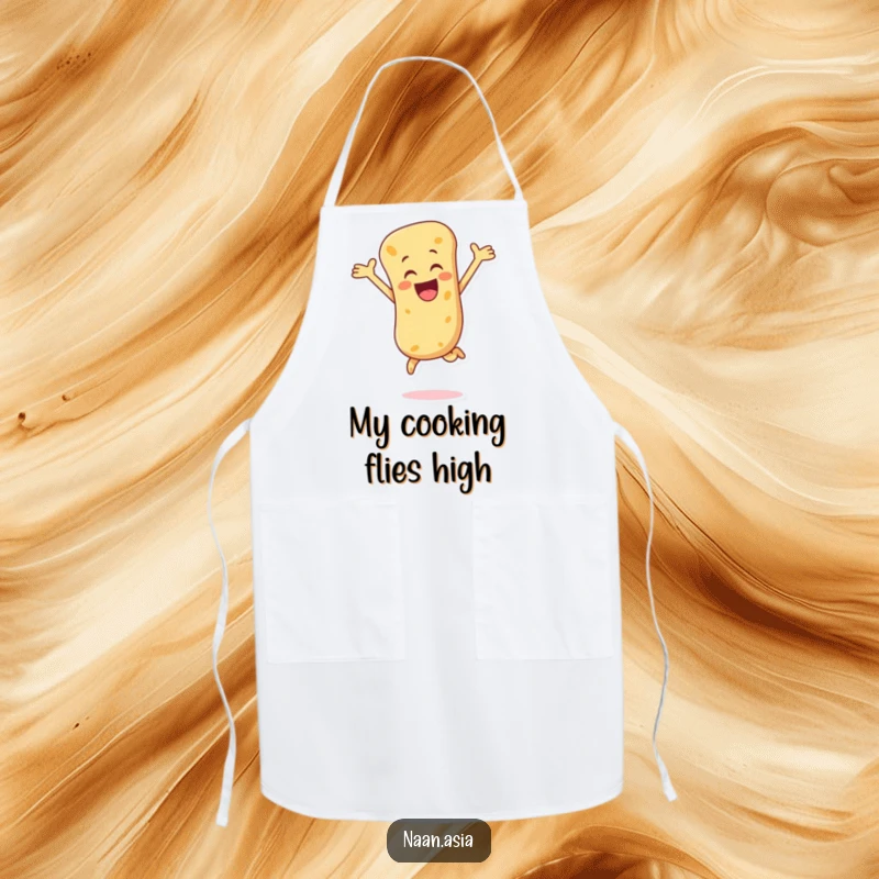 Funny Naan Bread Apron featuring a naan character enthusiastically leaping with arms wide open, ready for culinary fun.