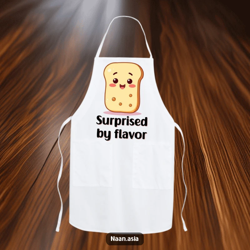 Funny Naan Bread Apron featuring a naan character reacting with surprise to a smiley face, ideal for a playful cook.