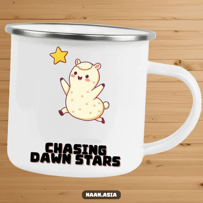 Funny camping mug featuring a naan bread character leaping towards a star. Ideal for dreamers on the go.