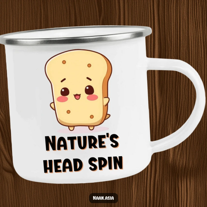 Funny Naan Bread Camping Mug featuring a naan character tilting its head in a funny, curious pose, ready for adventure.