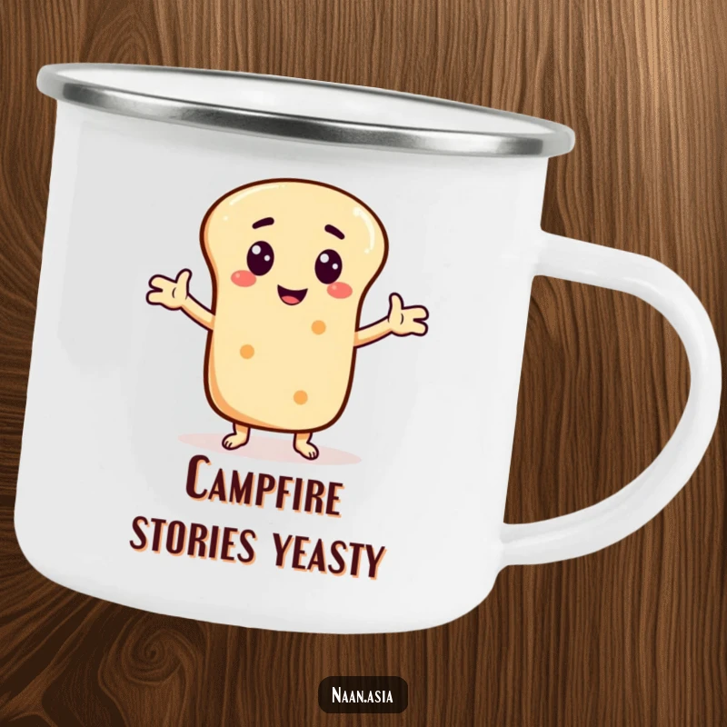 Funny Naan bread character camping mug, arms outstretched telling a joke, ideal for campfire stories and laughs.