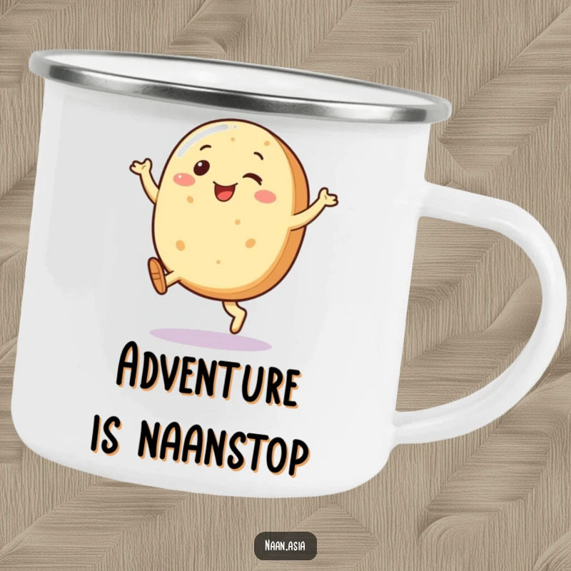 Funny Naan bread character camping mug, legs kicking joyfully, perfect for outdoor adventures and campfire stories.