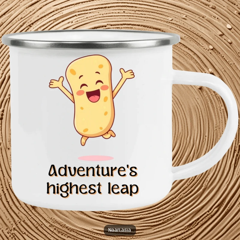 Funny Naan Bread Camping Mug featuring a naan character in a joyful leap, ready for outdoor fun and excitement.