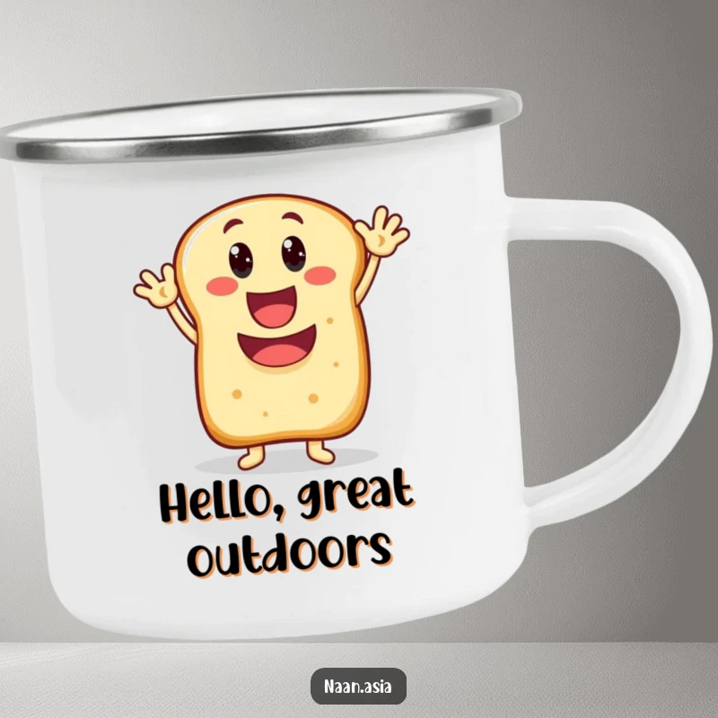 Funny Naan bread character camping mug, wide happy mouth, enthusiastically waving, ideal for outdoor greetings.