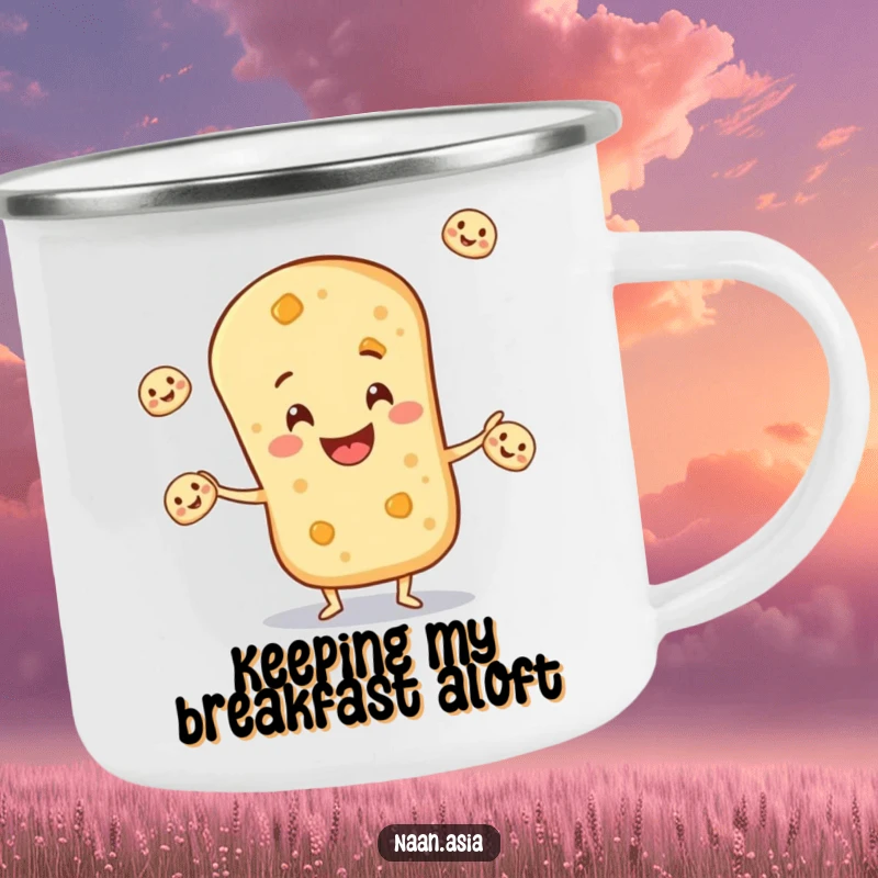 Funny Naan Bread Camping Mug with a happy naan character juggling tiny naan breads, designed for outdoor amusement.