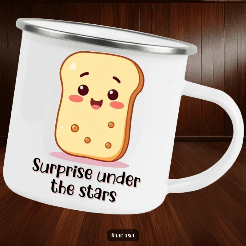 Funny Naan Bread Camping Mug featuring a naan character surprised by a floating smiley face, ready for outdoor delight.