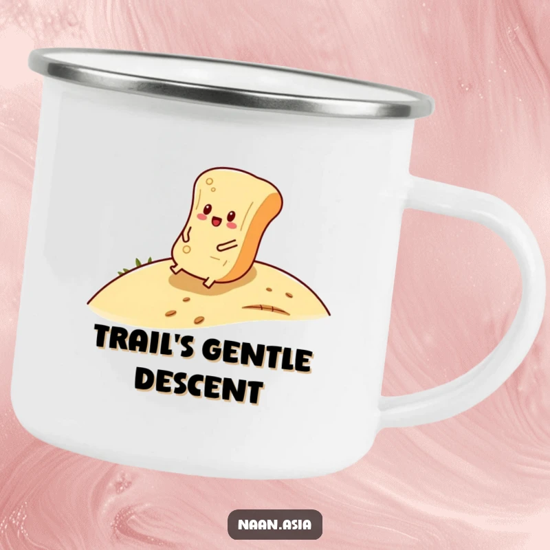 Funny Naan Bread Camping Mug featuring a naan character happily rolling down a hill, ready for relaxed outdoor fun.