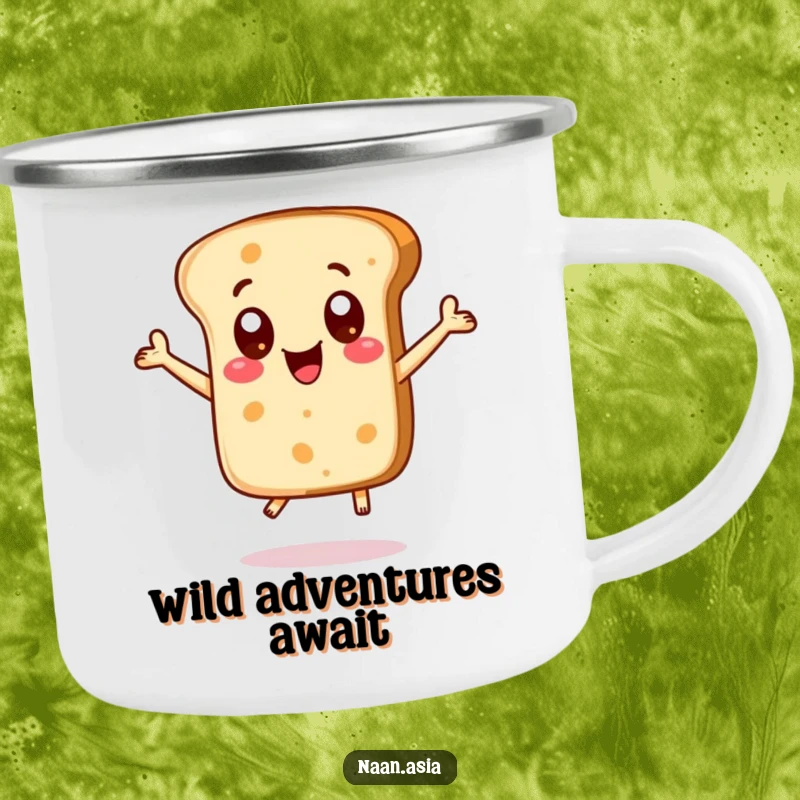 Funny Naan bread character camping mug, big excited dot eyes, jumping with delight, perfect for outdoor enthusiasts.