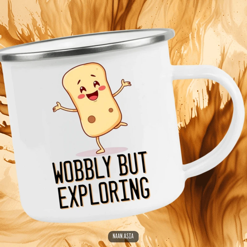 Funny Naan bread character camping mug, balancing precariously on one leg with a wobbling smile, ideal for outdoor humor.