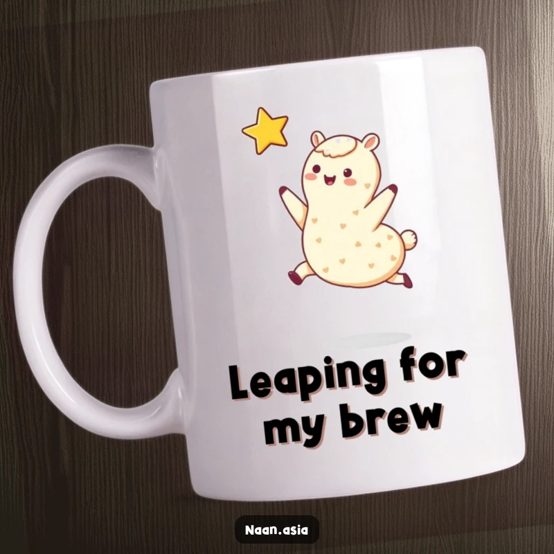 Funny mug featuring a smiling naan bread character with small legs joyfully leaping towards a shining star.