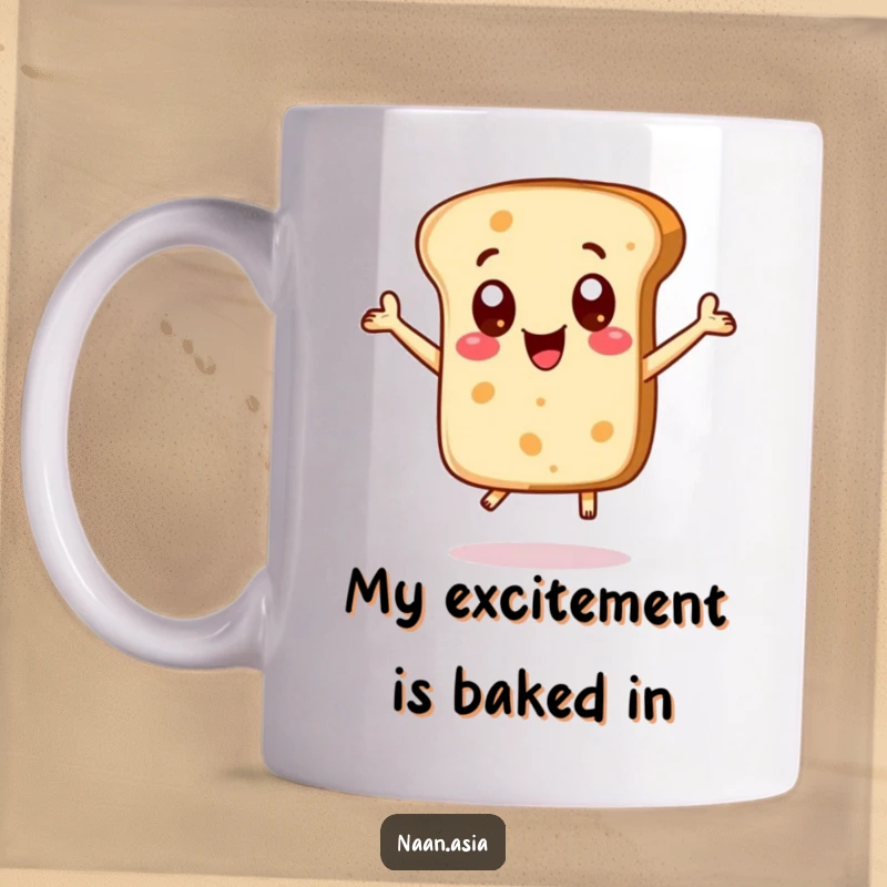 Funny Naan bread character mug with big, excited dot eyes, captured mid-jump with pure delight and contagious enthusiasm.