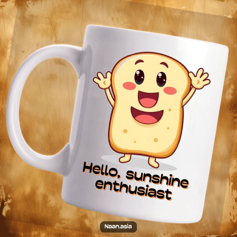 Funny Naan bread character mug with a wide, happy mouth, enthusiastically waving hello, embodying cheerful greetings.