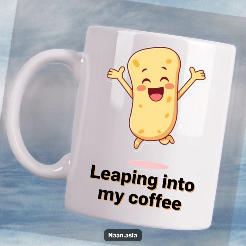 Funny Naan Bread Mug showcasing a naan bread character joyfully leaping with its doughy arms spread wide in celebration.