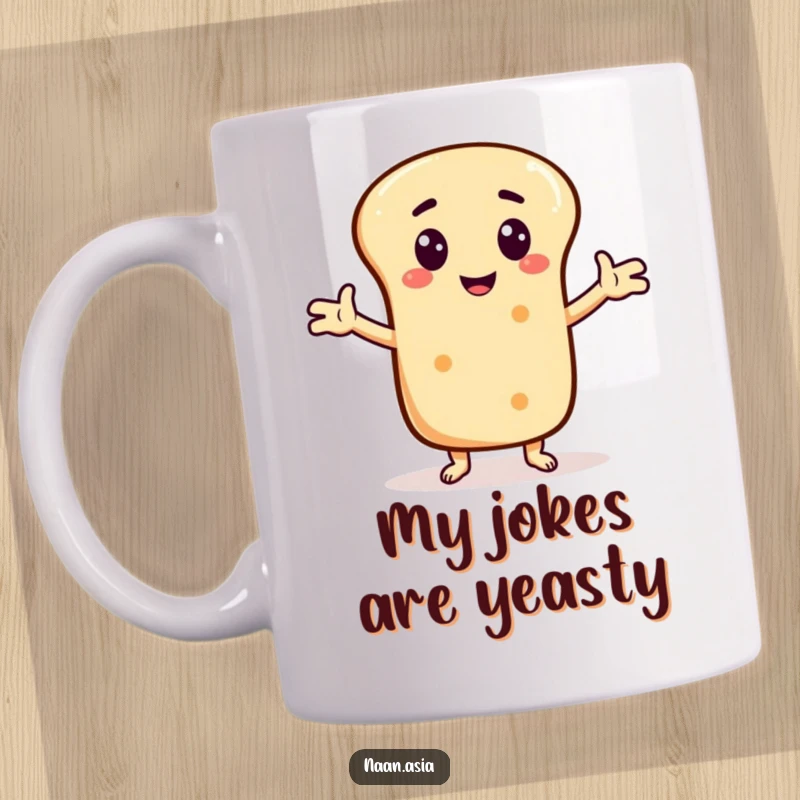Funny Naan bread character mug, arms outstretched as if mid-joke, inviting laughter with its humorous storytelling pose.