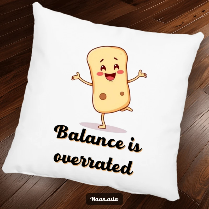 Funny Naan bread character pillow, balancing precariously on one leg with a wobbling smile, a soft and humorous accent.