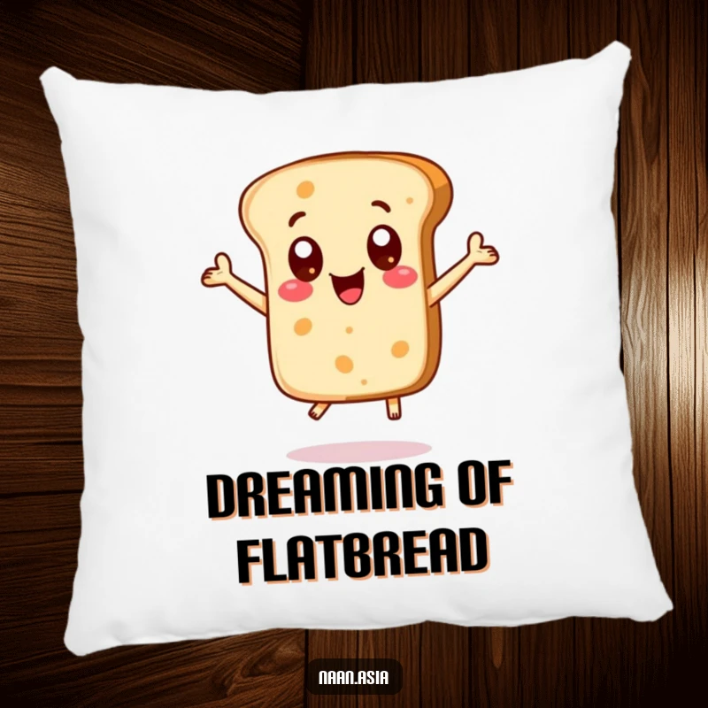 Funny Naan bread character pillow, big excited dot eyes, captured jumping with delight, a soft and humorous accent.