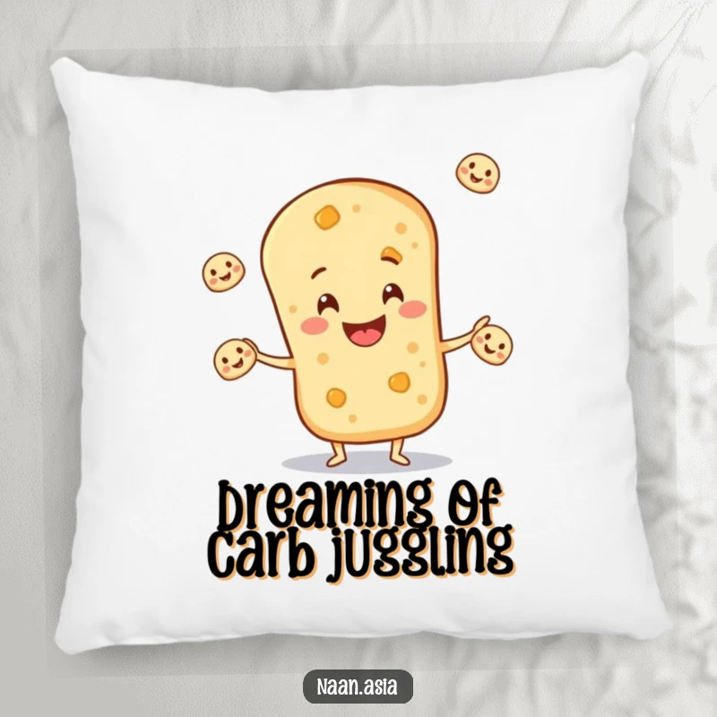 Funny Naan Bread Pillow depicting a happy naan character juggling tiny naan breads, adding a touch of playful decor.