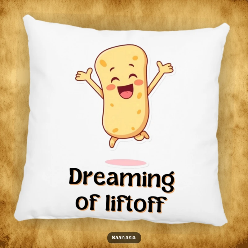 Funny Naan Bread Pillow showing a naan character joyfully leaping with arms outstretched, perfect for adding a touch of cheer.