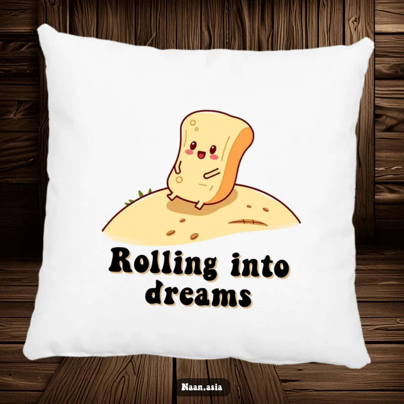 Funny Naan Bread Pillow showing a naan character happily rolling down a hill, perfect for adding a touch of calm.