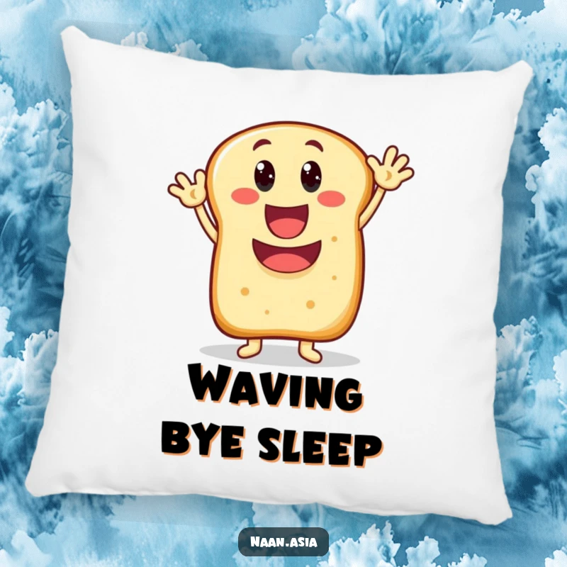Funny Naan bread character pillow, wide happy mouth, enthusiastically waving, a soft and cheerful decorative accent.