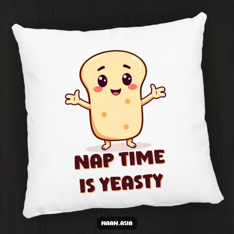 Funny Naan bread character pillow, arms outstretched telling a joke, a soft and humorous decorative accent.