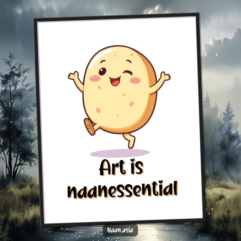 Funny Naan bread character digital art print, legs kicking joyfully, radiating pure happiness and playful energy.