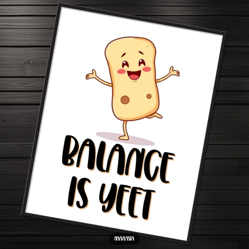 Funny Naan bread character digital art print, balancing precariously on one leg with a wobbling smile, radiating humorous resilience.