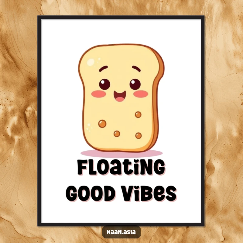 Funny Naan Bread Digital Art Print of a naan character surprised by a floating smiley face, conveying cute and funny delight.