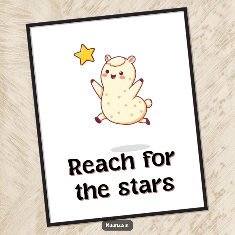 Funny digital art print of a naan bread character leaping joyfully towards a twinkling star. Instant inspirational decor.