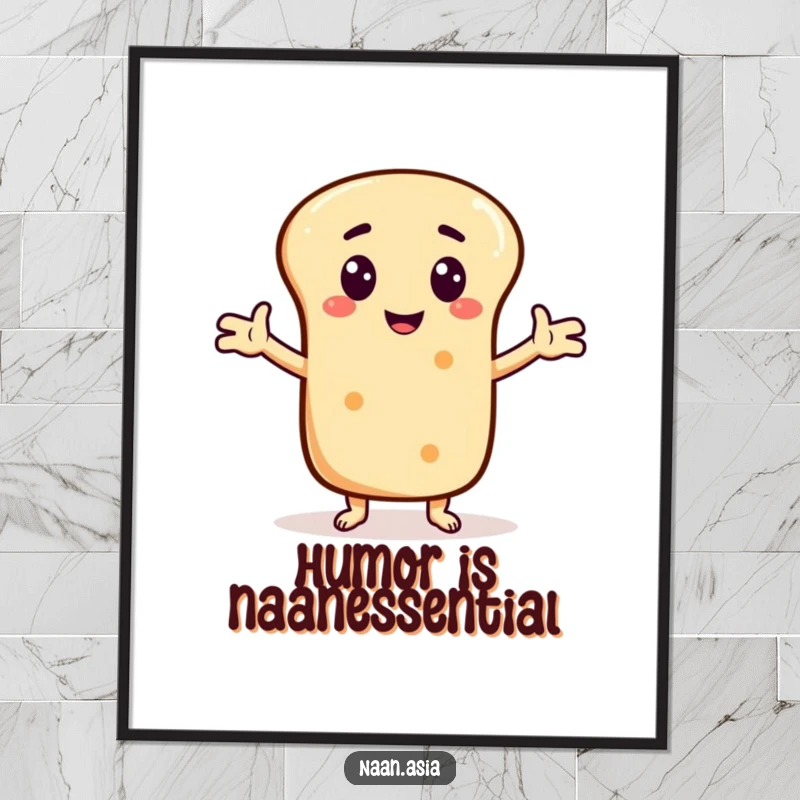 Funny Naan bread character digital art print, arms outstretched as if telling a joke, radiating comedic energy.