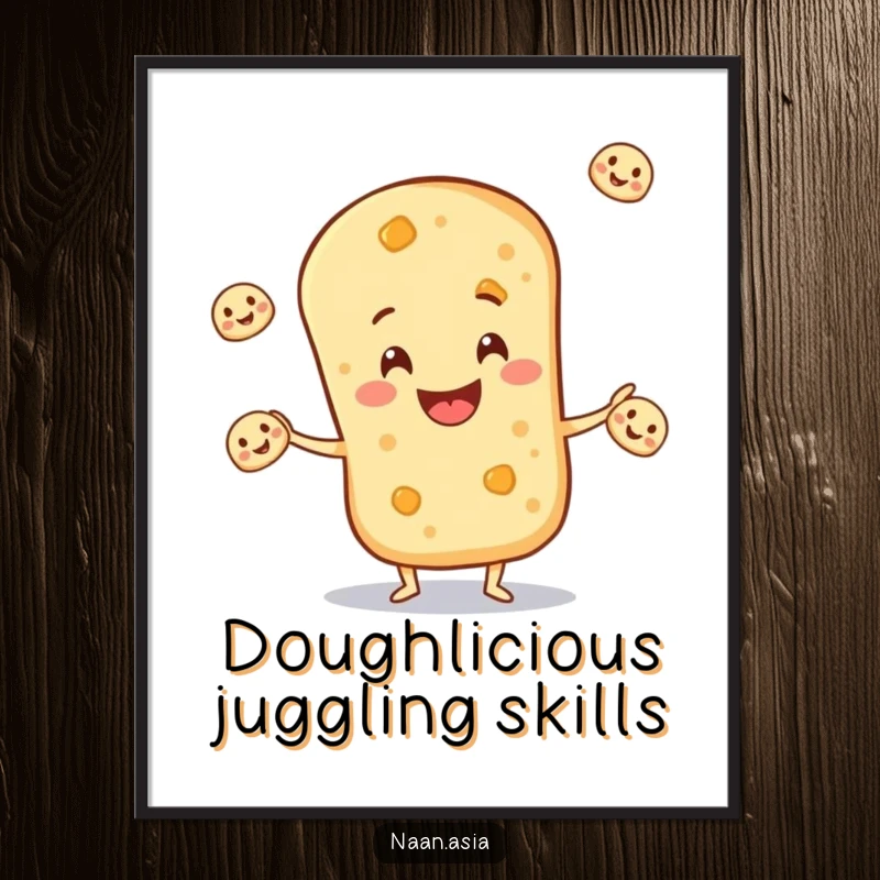 Funny Naan Bread Digital Art Print of a smiling naan character skillfully juggling tiny naan breads, a delightful and funny image.