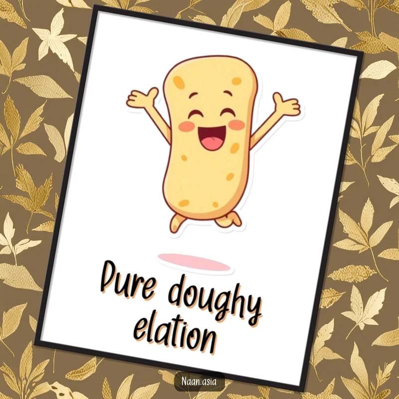 Funny Naan Bread Digital Art Print of a naan character leaping with arms outstretched, conveying pure joy and playful energy.