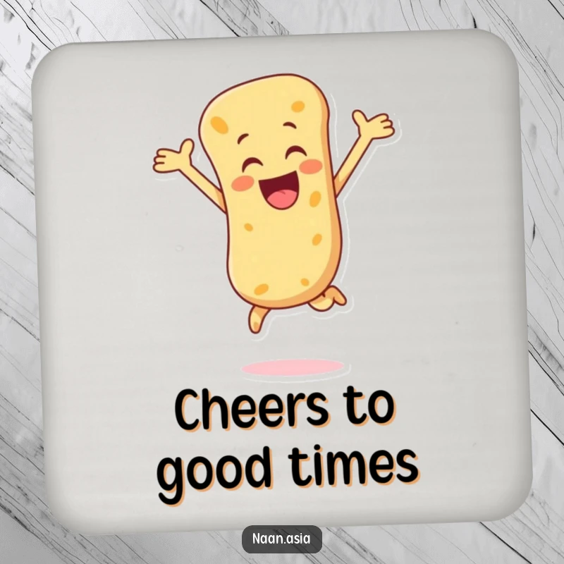 Funny Naan Bread Coaster showing a naan character leaping joyfully, adding a touch of dynamic fun to any surface.