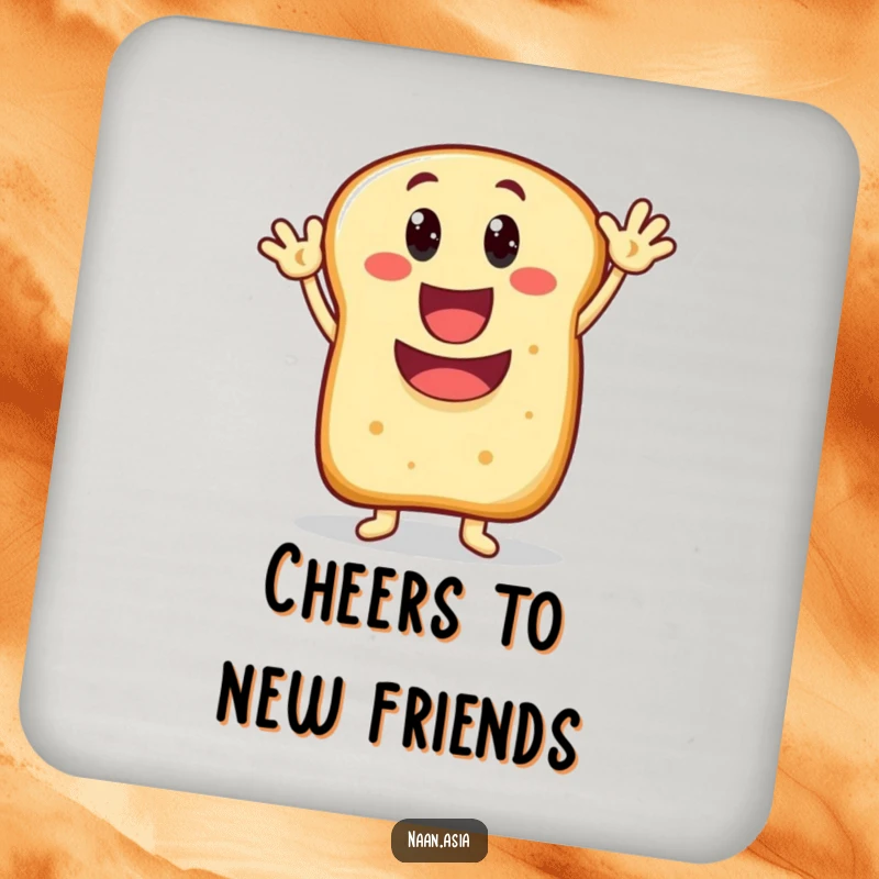 Funny Naan bread character drink coaster, wide happy mouth, enthusiastically waving, a cheerful addition to any table.