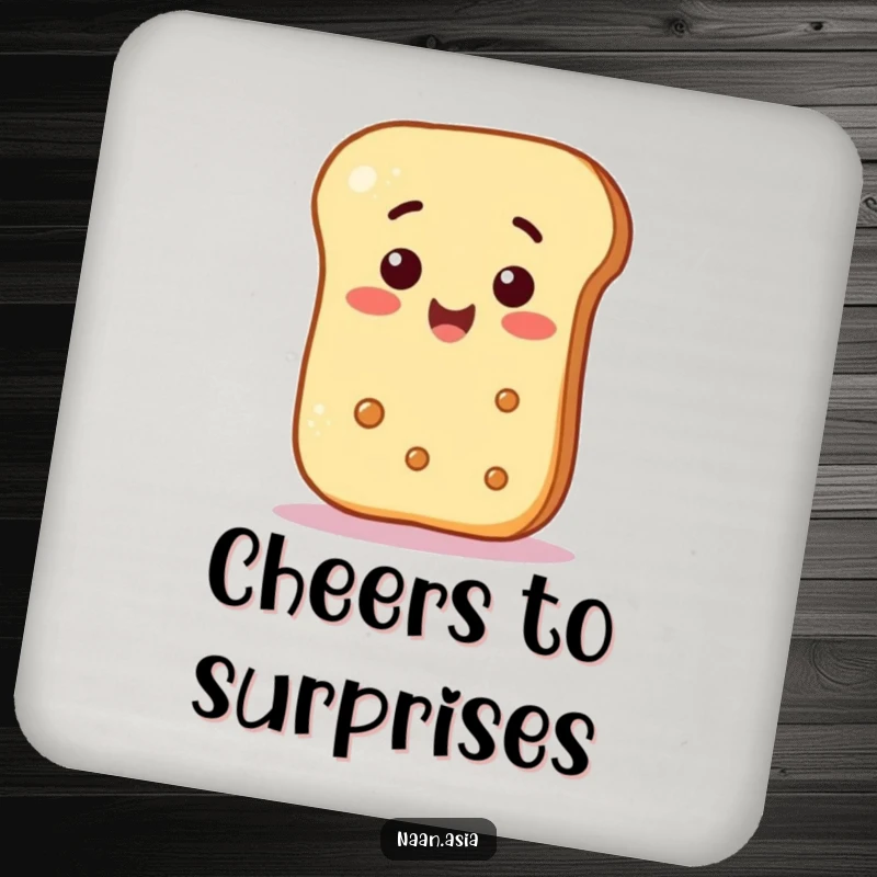 Funny Naan Bread Coaster showing a naan character surprised by a smiley face, adding a touch of whimsical fun.