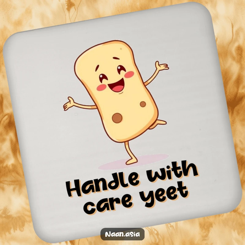 Funny Naan bread character drink coaster, balancing precariously on one leg with a wobbling smile, a humorous tabletop addition.