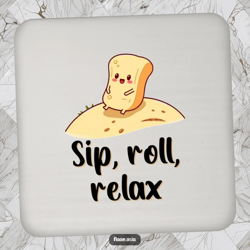 Funny Naan Bread Coaster showing a naan bread character rolling down a hill, adding a touch of serene fun.