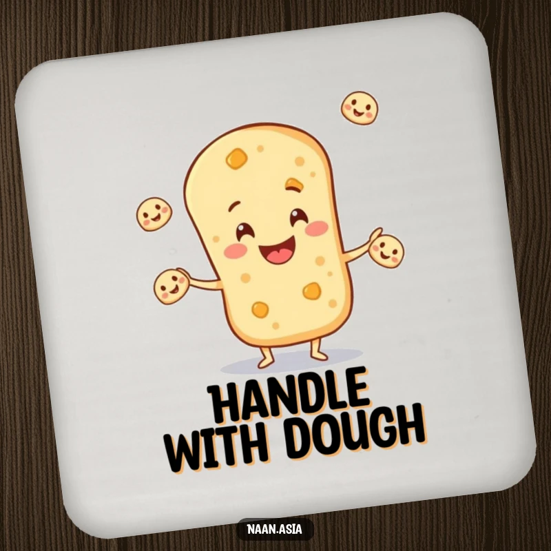 Funny Naan Bread Coaster featuring a naan bread character performing a juggling act with small naan breads, a humorous addition.