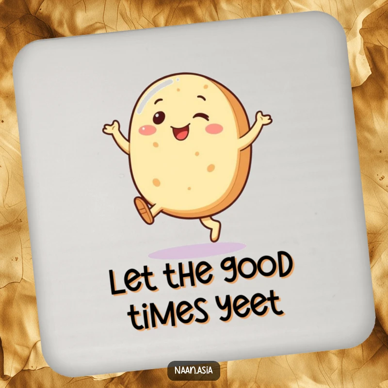 Funny Naan bread character drink coaster, legs kicking joyfully, a small yet cheerful addition to any tabletop.