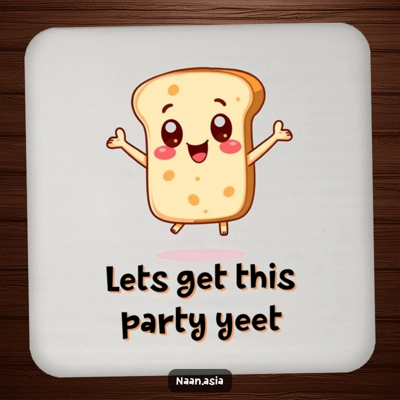 Funny Naan bread character drink coaster, big excited dot eyes, captured jumping with pure delight.