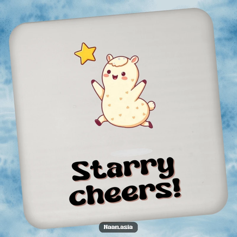Funny drink coasters with a naan bread character leaping towards a star. Protects surfaces with whimsical humor.