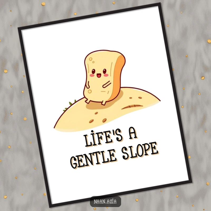Funny Naan Bread Poster depicting a naan bread character happily rolling down a hill, a humorous and serene illustration.
