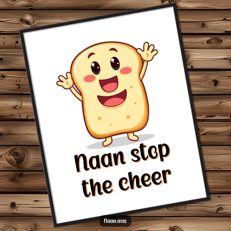 Funny Naan bread character poster, wide happy mouth, enthusiastically waving, bringing infectious joy and good vibes.