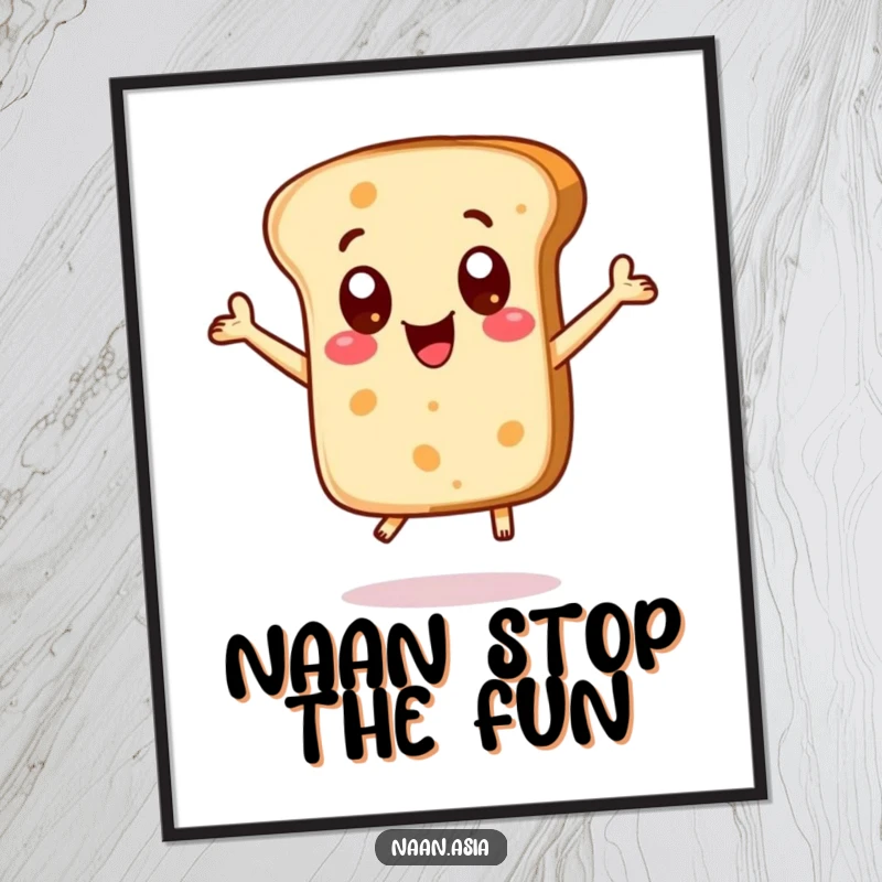 Funny Naan bread character poster, big excited dot eyes, captured mid-jump with pure, unadulterated delight.