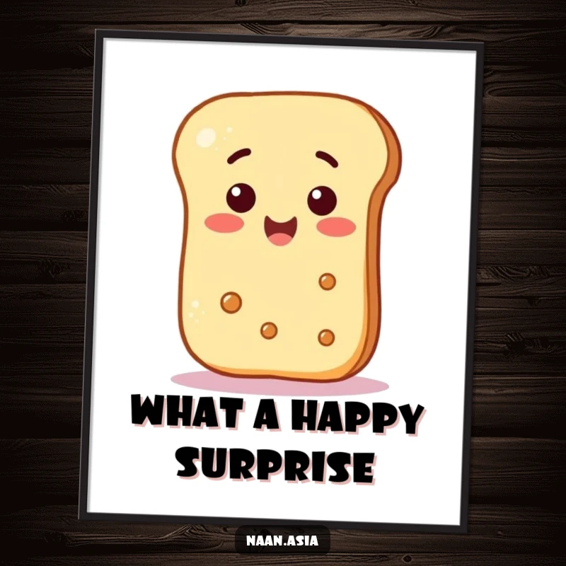 Funny Naan Bread Poster depicting a naan bread character reacting with surprise to a floating smiley face, a humorous and whimsical illustration.