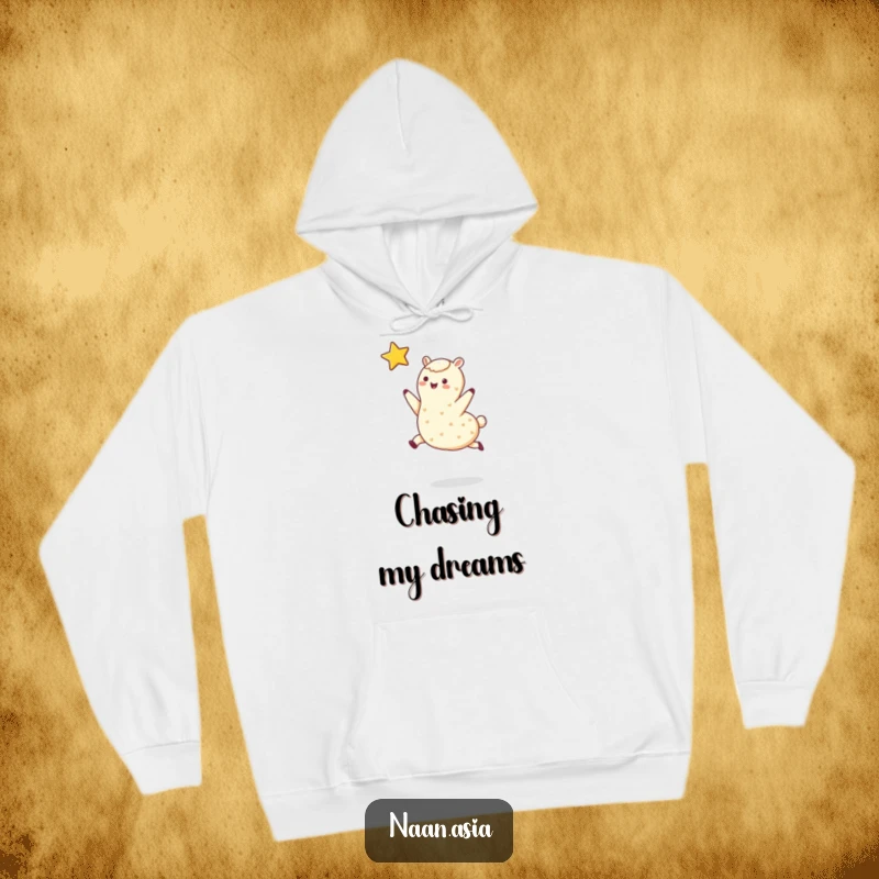 Funny hoodie featuring a smiling naan bread character leaping enthusiastically towards a bright star. Cozy and aspirational.